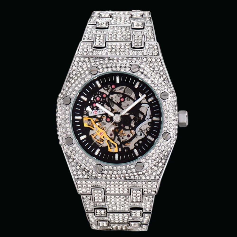 Self-Wind Iced Out Covered Luxury Men's Skeleton Style Watch